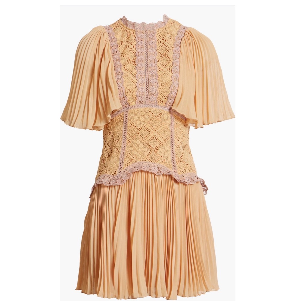 ASOS DESIGN Pleated Mini Dress Crochet Lace Flutter Sleeve Peach Mauve US 8‎